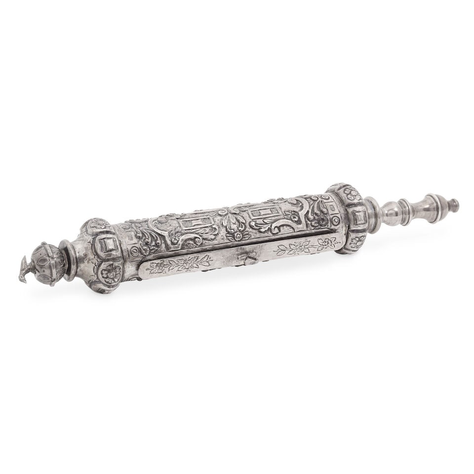 Judaica: A metalware Ester scroll holder apparently unmarked (1 of 1)