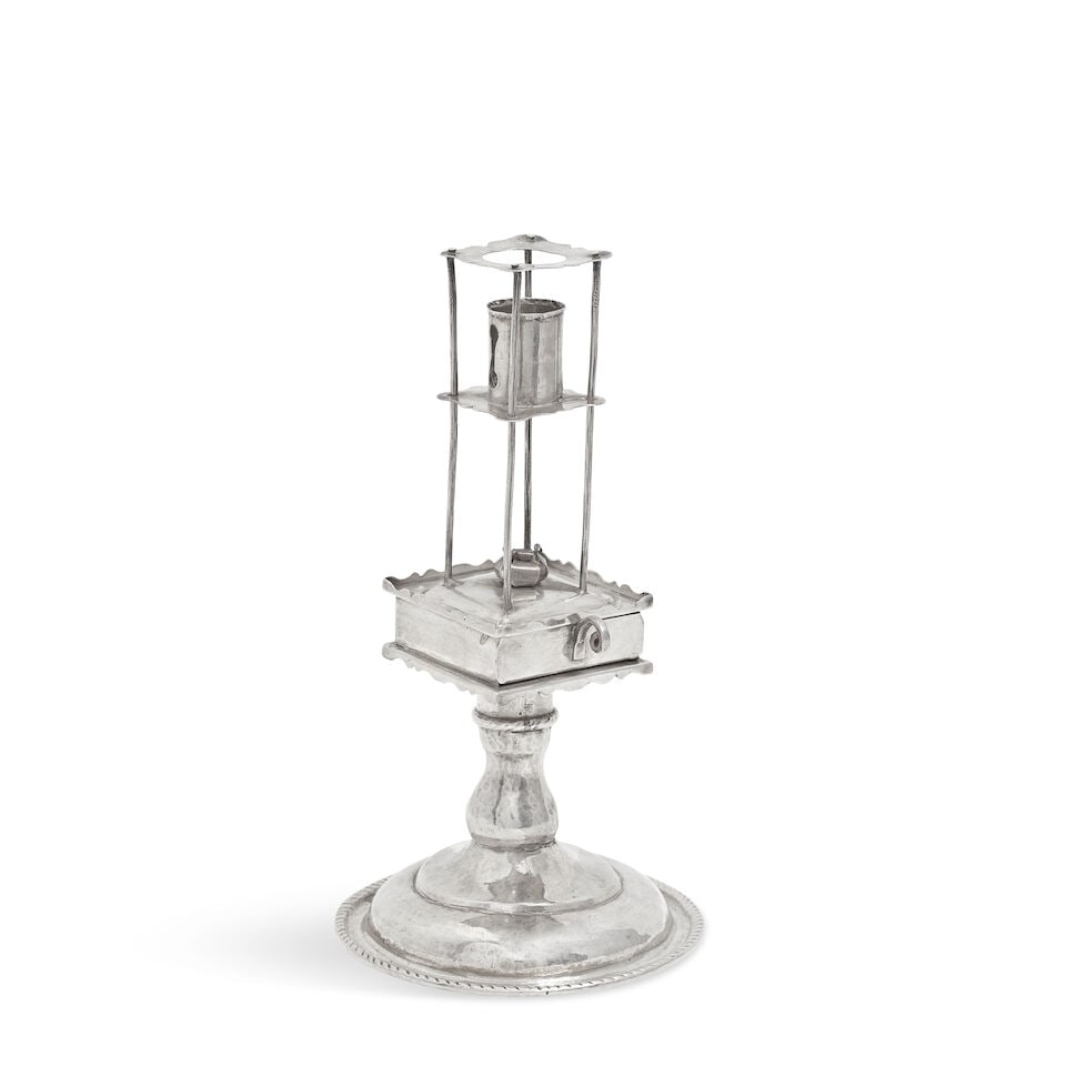 Judaica: A late 19th century Continental silver Havdalah candle holder with pseudo 18th century...: Judaica: A late 19th century Continental silver Havdalah candle holder with pseudo 18th century German Frankfurt marks, circa 1880 The square body with removable six-compartment drawer, the four pilla