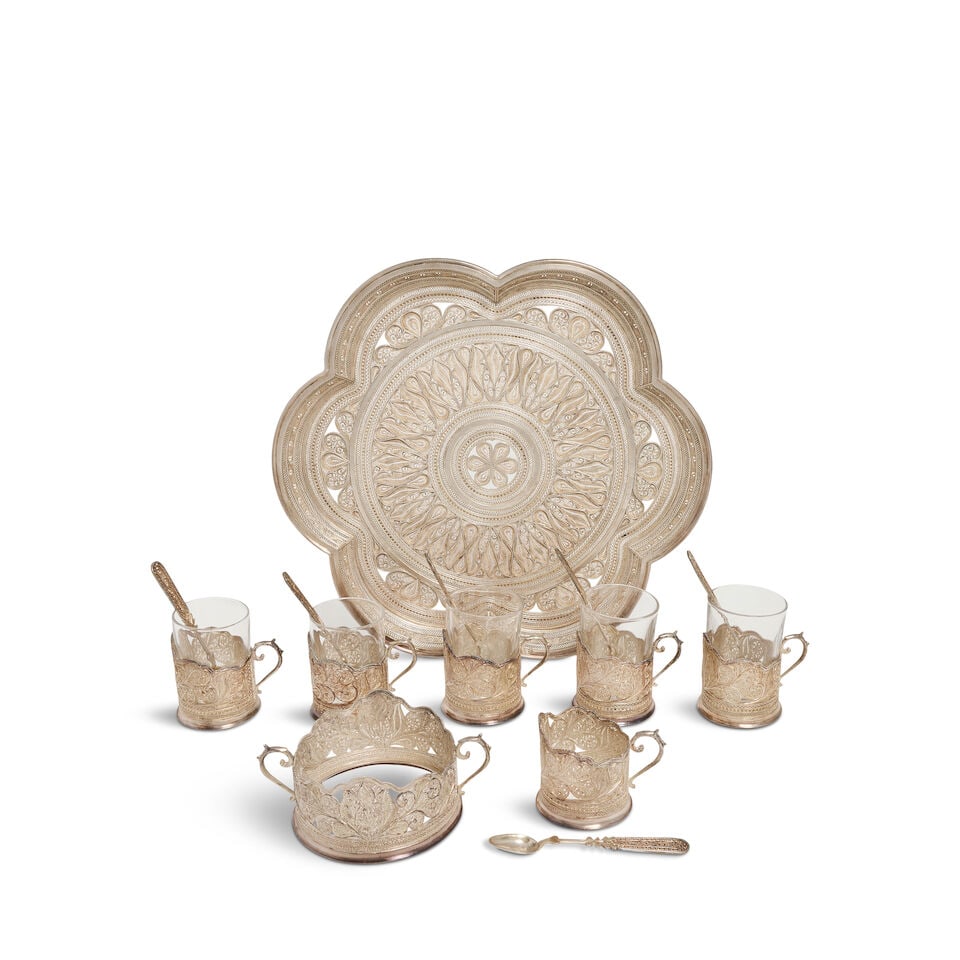 A Middle Eastern silver filigree tray and tea glass set tray with applied Arabic script mark (14) (1 of 3)