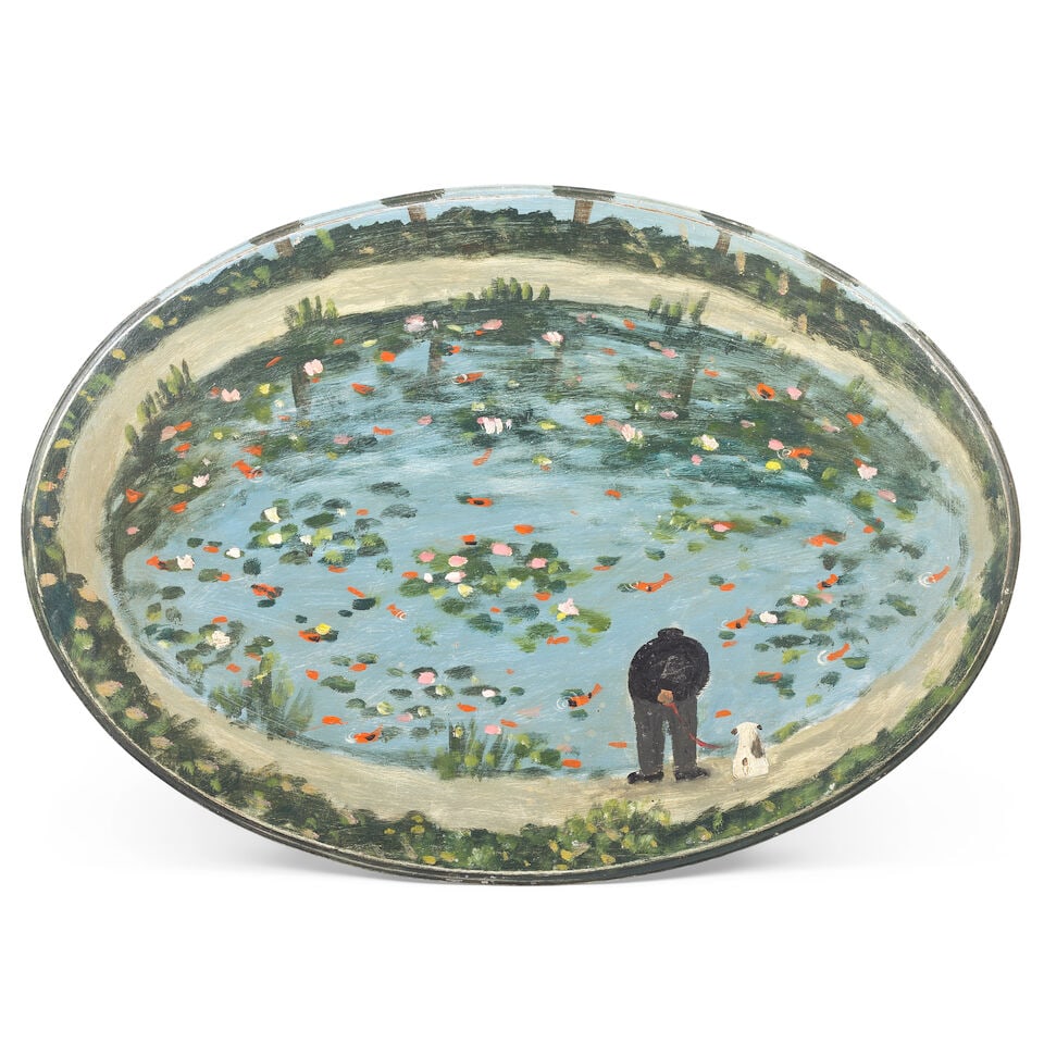 Gary Bunt (British, 1957-2025) Hand-painted Occasional Table (A Man and his Dog at The Lily Pond... - 2