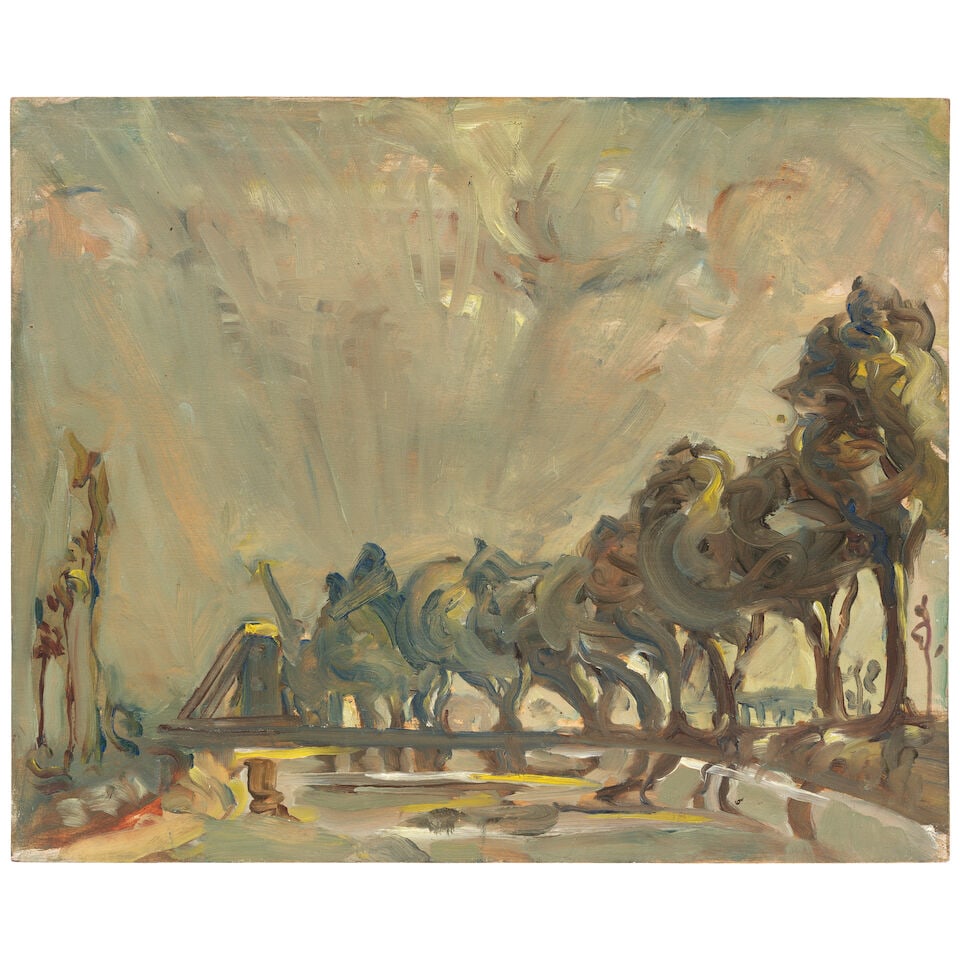 Peter Lanyon (British, 1918-1964) Untitled (Trees and Canal, Belgium) (unframed)Painted in 1937 ...: Peter Lanyon (British, 1918-1964) Untitled (Trees and Canal, Belgium) oil on panel 33 x 40.5cm (13 x 15 15/16in). (unframed) Painted in 1937 with a further oil painting, Untitled (Church Tower Under S