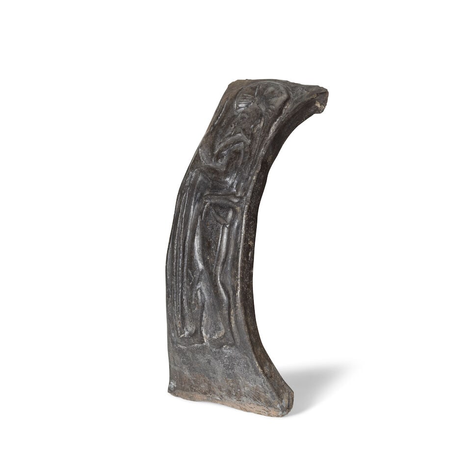 An Etruscan Bucchero Ware pottery handle, relief decorated with a warrior - 2