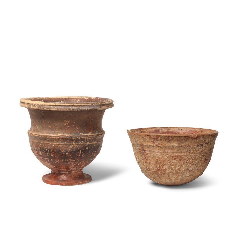A Hellenistic Megarian pottery hemispherical bowl and a Roman pottery footed vessel with moulded... - 2
