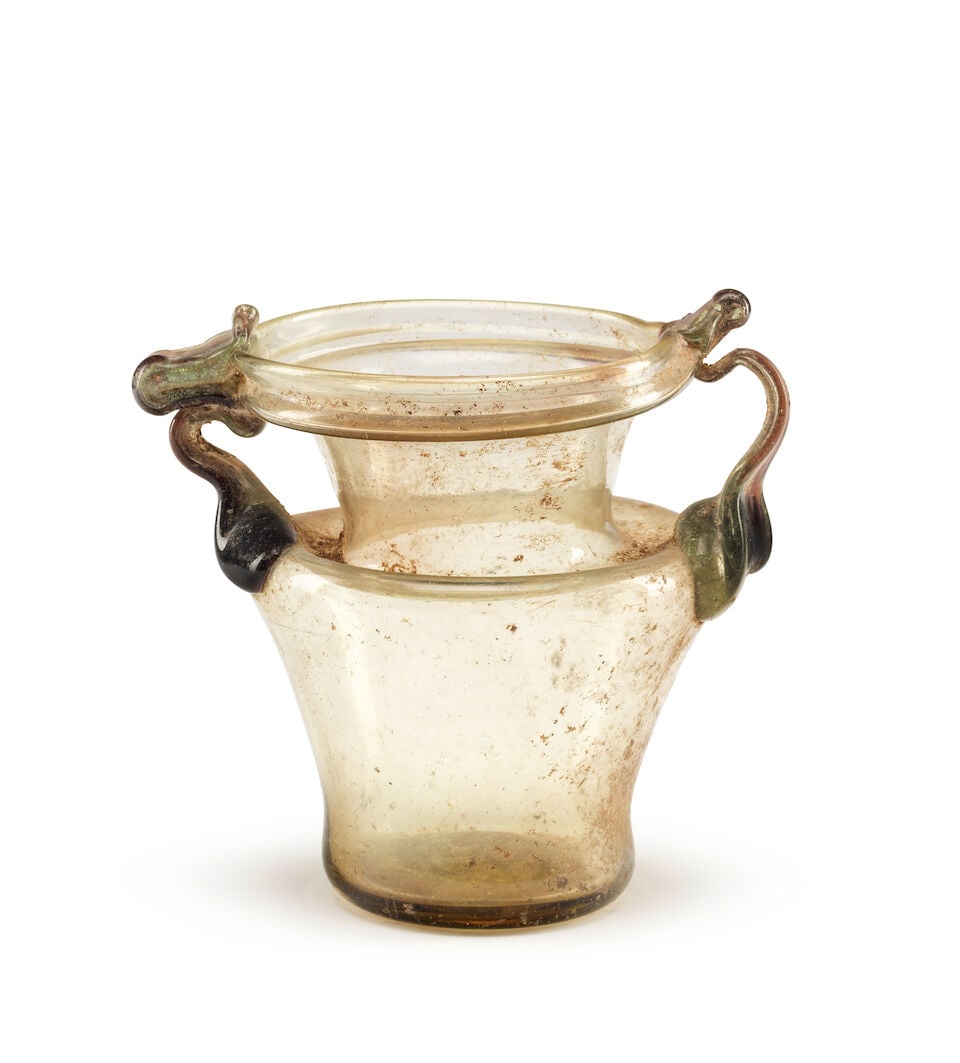 A Roman green glass jar with applied darker green handles streaked with purple - 2