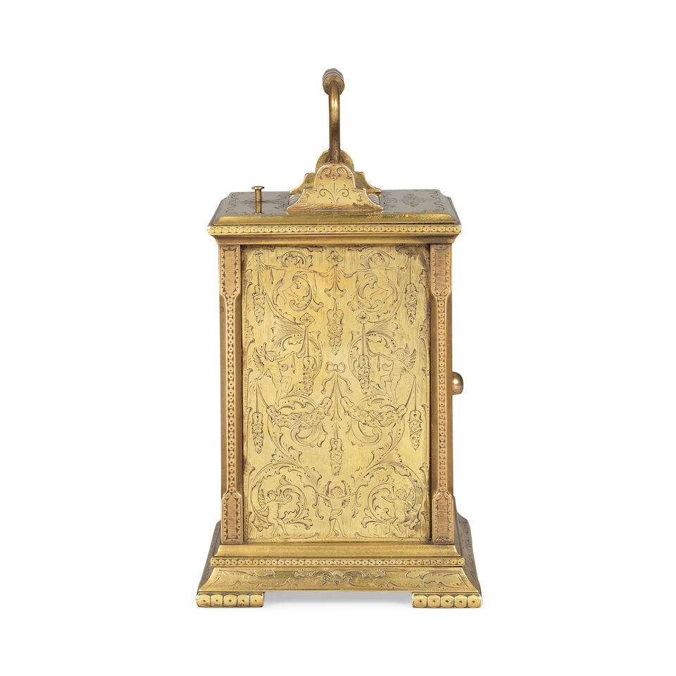 An Early 20th century French striking and repeating engraved brass carriage clock presented to M... - 2