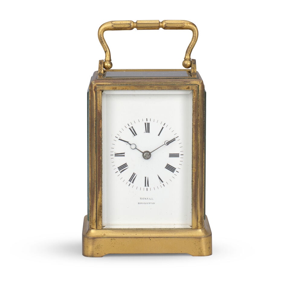 A mid 19th century French one piece case carriage clock timepiece in original case Boxell, Brig... - 2