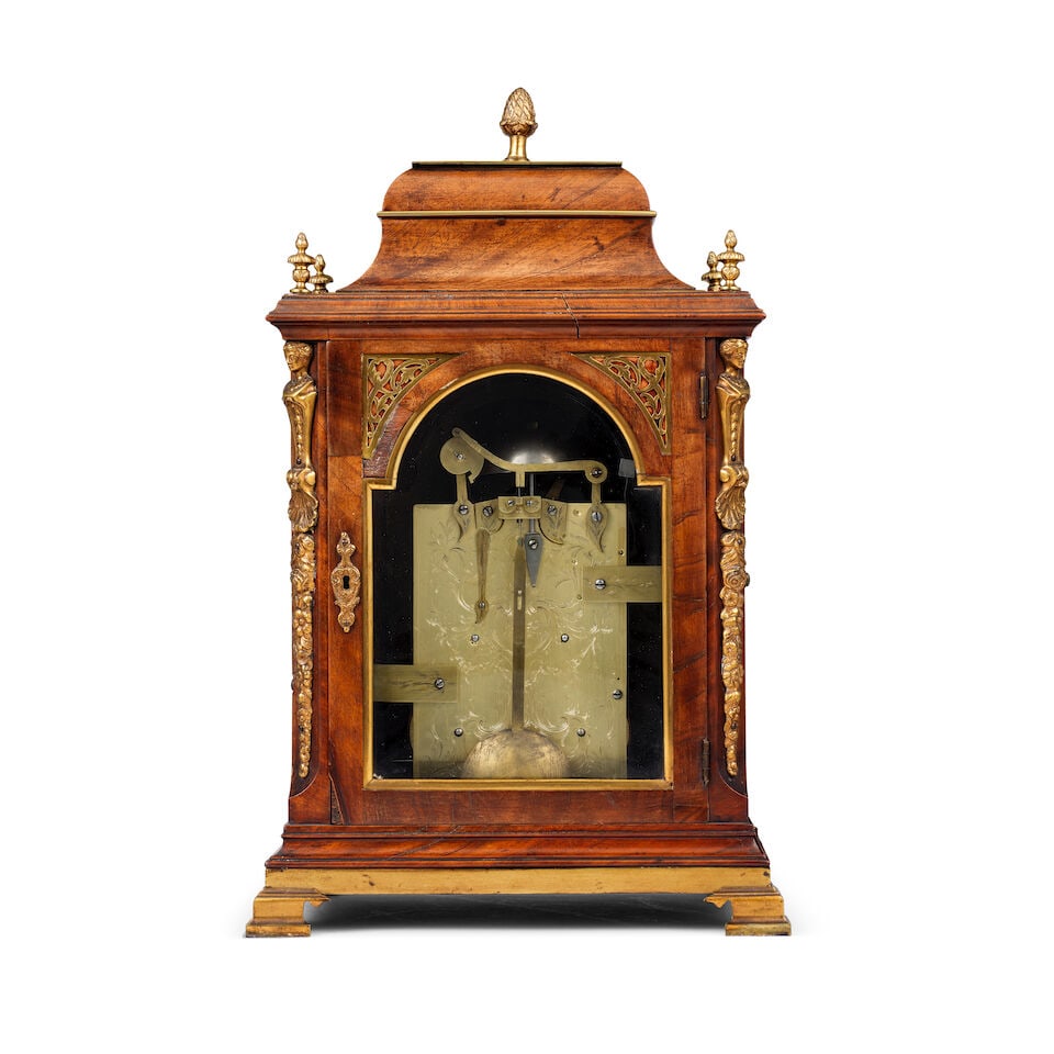 A good late 18th century mahogany veneered bell topped brass-mounted striking table clock James ... - 2