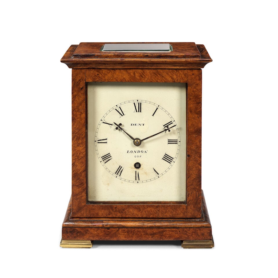 A late 19th century amboyna veneered library timepiece clock Dent, London, No. 608 - 4