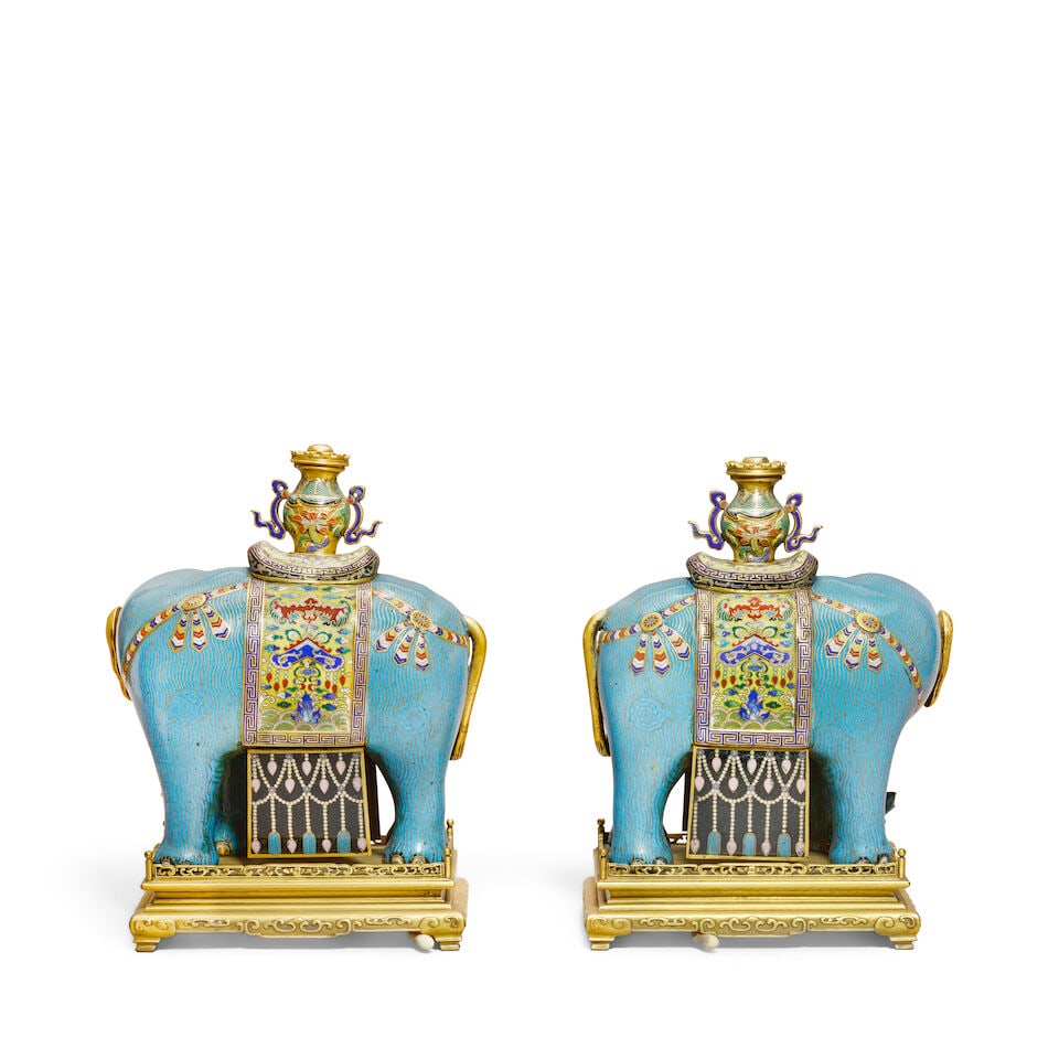 A PAIR OF CLOISONNÉ ENAMEL AND GILT-BRONZE ELEPHANTS Mounted by Ferdinand Barbedienne (1810... - 2