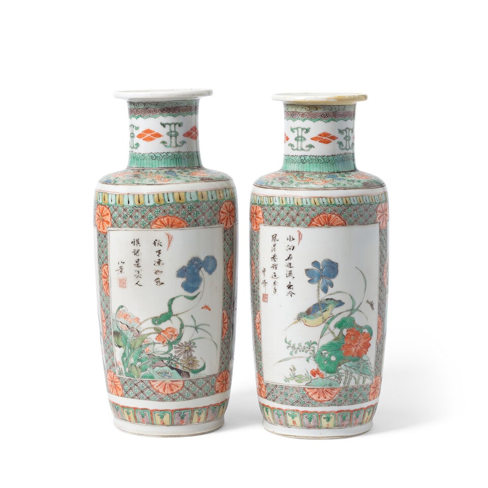A PAIR OF FAMILLE VERTE 'BIRD AND FLOWERS' ROULEAU VASES Kangxi (2) - 3