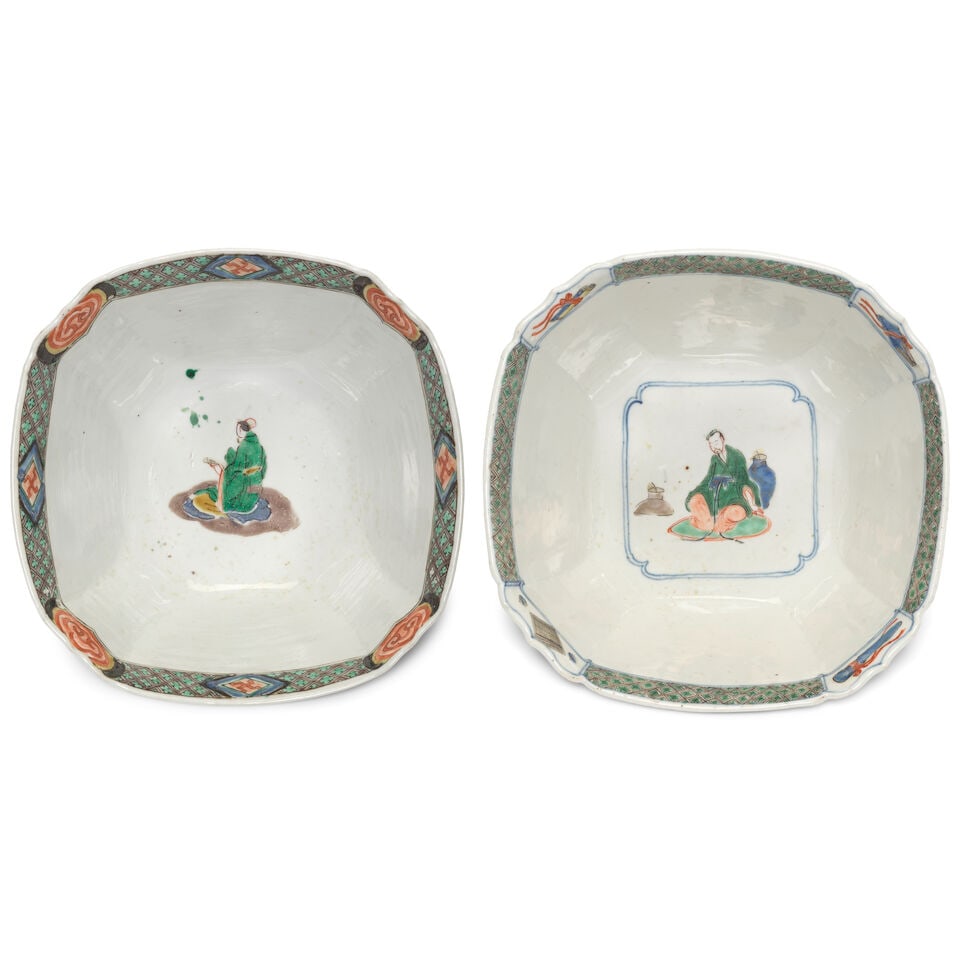 TWO FAMILLE-VERTE 'FIGURATIVE' SQUARE BOWLS Kangxi (2) - 4