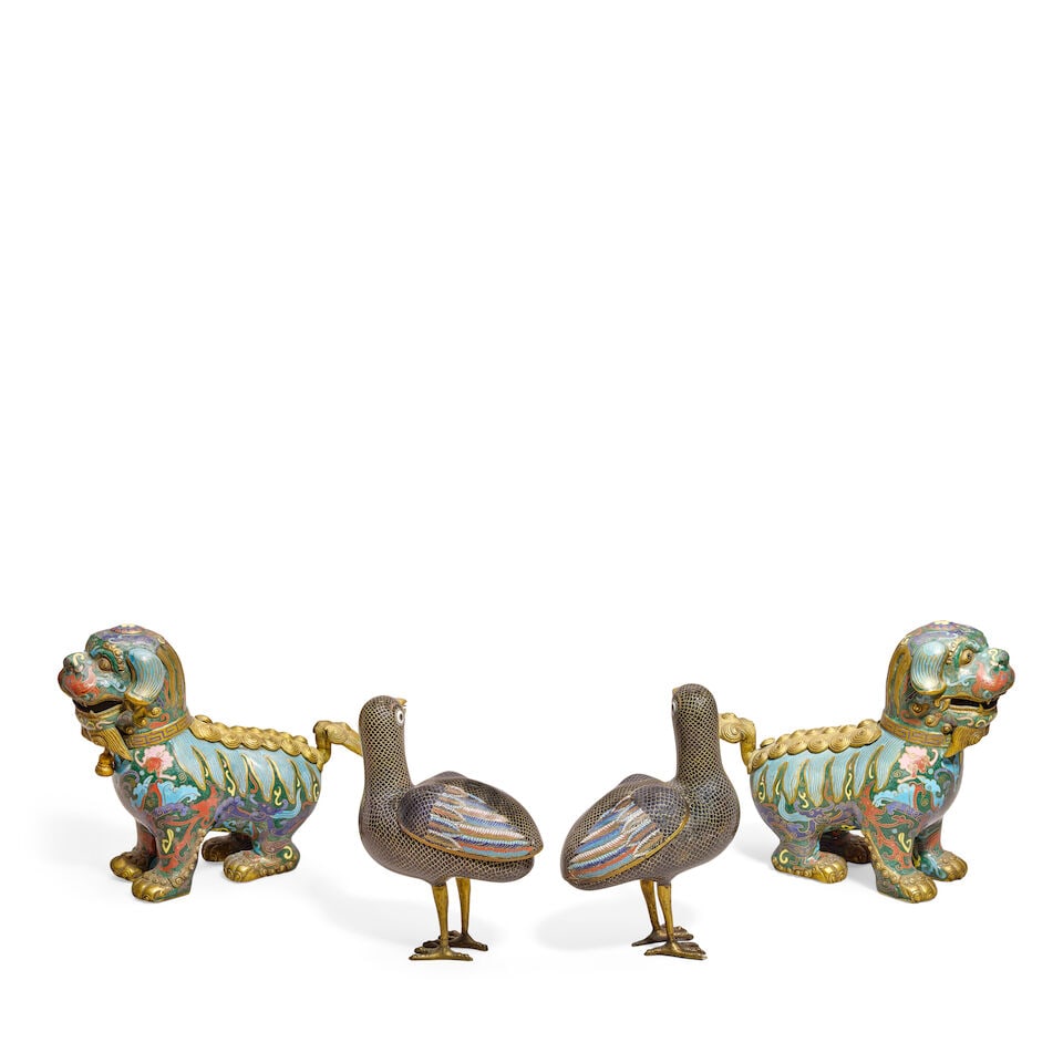 A PAIR OF CLOISONNÉ ENAMEL 'QUAIL' INCENSE BURNERS AND A PAIR OF CLOISONNÉ ENAMEL LION... - 2