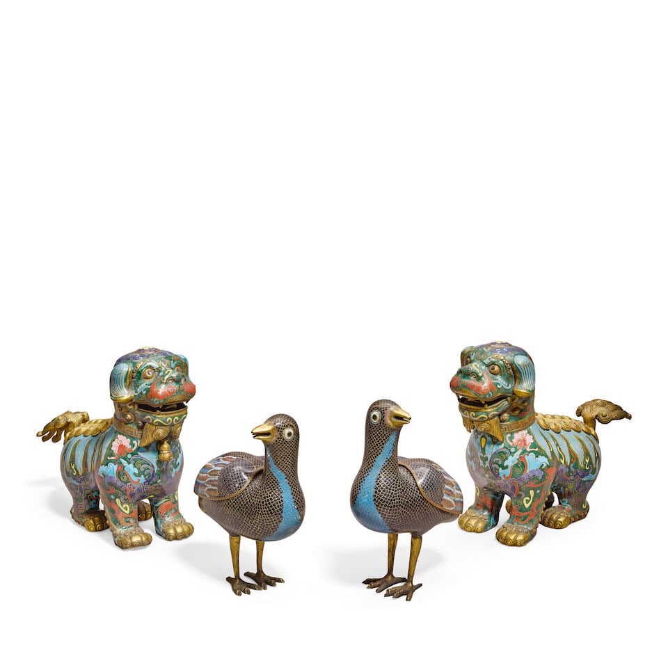 A PAIR OF CLOISONNÉ ENAMEL 'QUAIL' INCENSE BURNERS AND A PAIR OF CLOISONNÉ ENAMEL LION... - 3