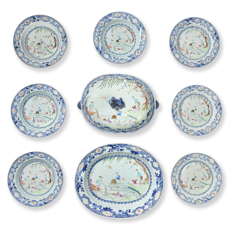 A FAMILLE ROSE AND UNDERGLAZE BLUE 'FISHERMEN' PART SERVICE Qianlong (10) - 2