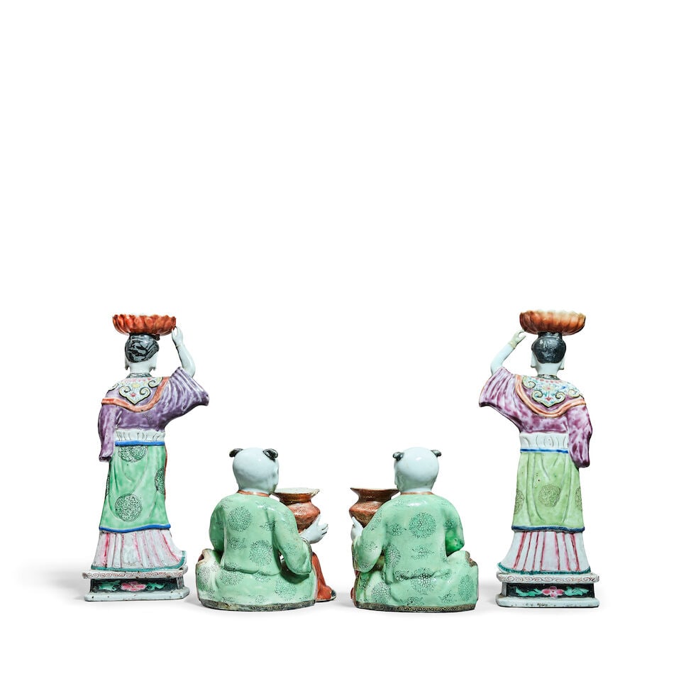 A PAIR OF FAMILLE ROSE 'LADIES' CANDLESTICKS AND A PAIR OF FAMILLE ROSE 'BOYS' CANDLE HOLDERS Qi... - 2
