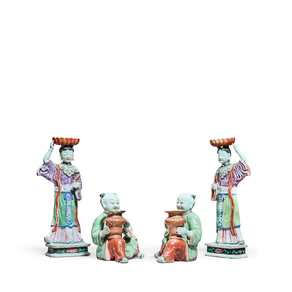 A PAIR OF FAMILLE ROSE 'LADIES' CANDLESTICKS AND A PAIR OF FAMILLE ROSE 'BOYS' CANDLE HOLDERS Qi... - 3