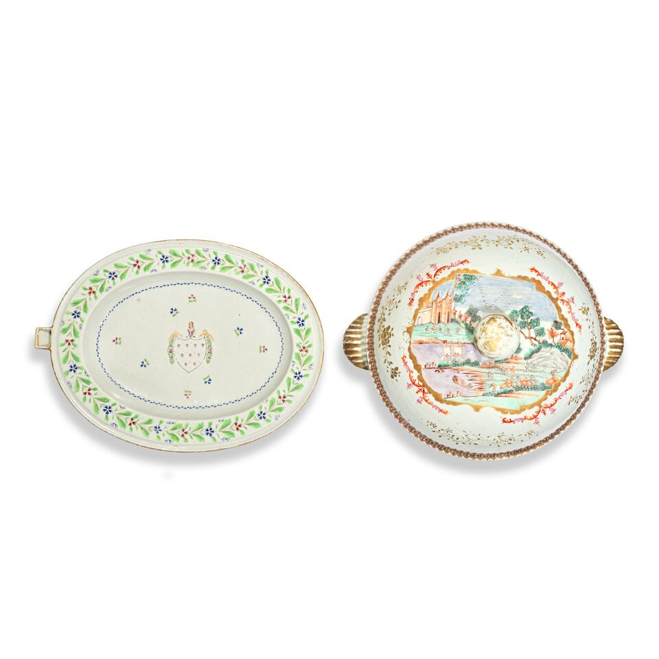 A FAMILLE ROSE 'MEISSEN STYLE' TUREEN AND COVER AND A PORTUGUESE-MARKET PLATE WARMER Qianlong/Ji... - 2