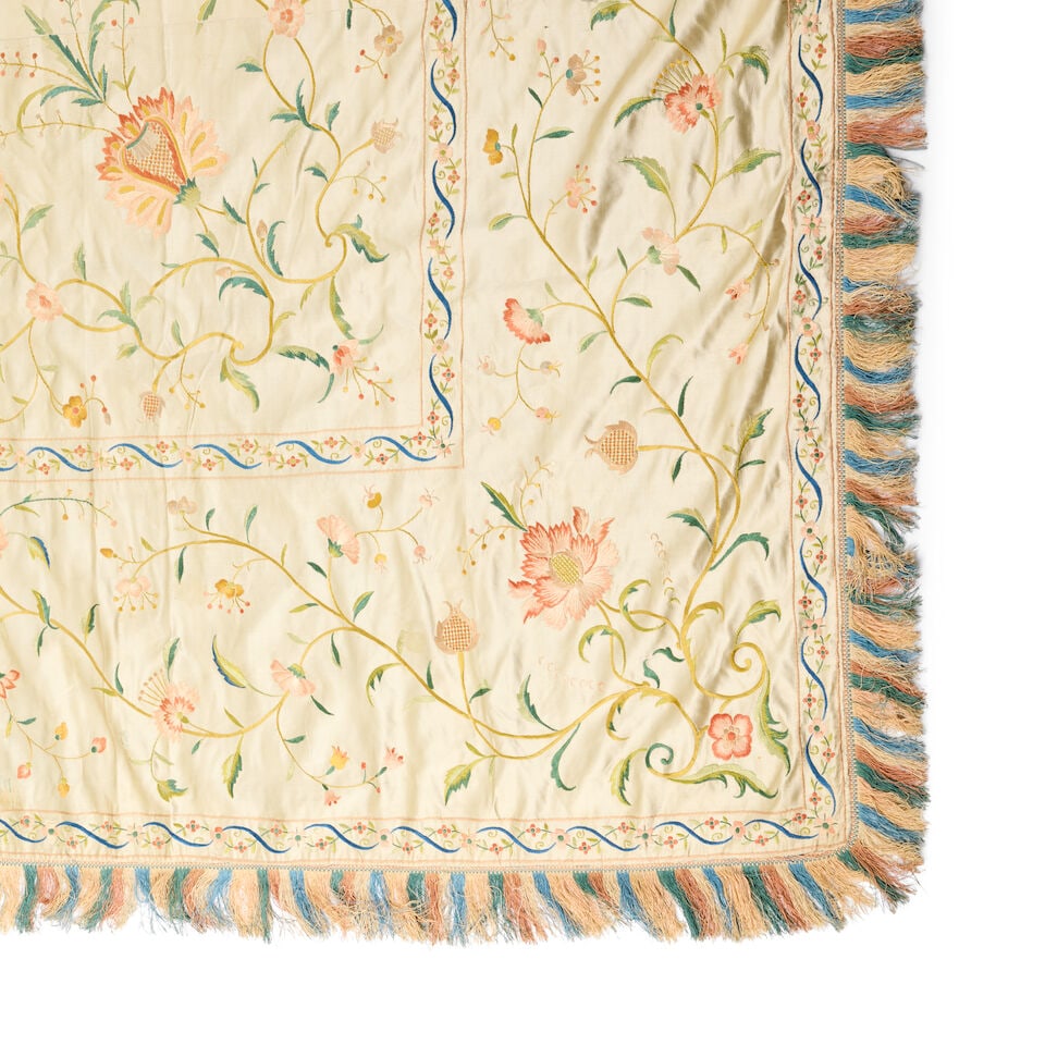 A CANTON CREAM SILK EMBROIDERED COVERLET Circa 1800 - 2