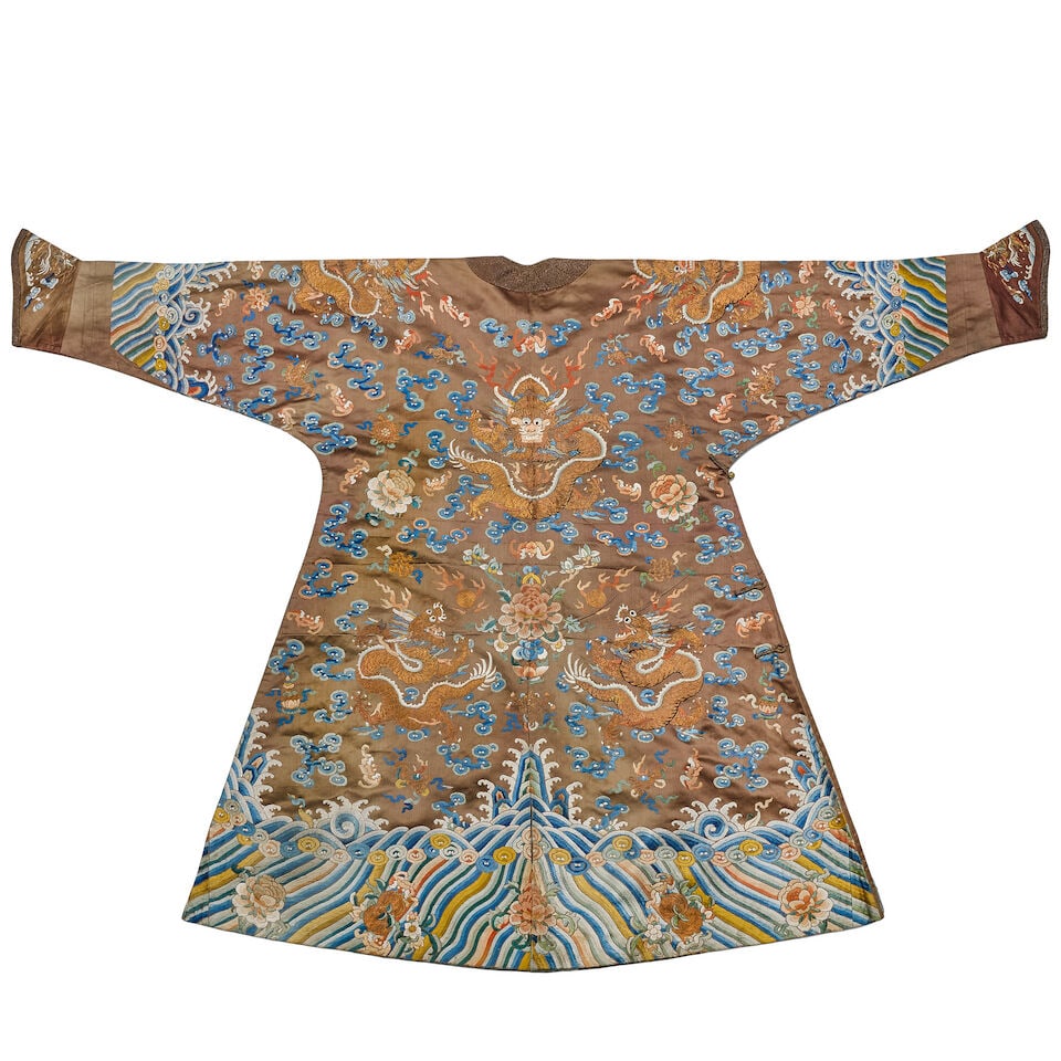 A CHESTNUT-GROUND SILK EMBROIDERED 'DRAGON' ROBE, JIFU Late Qing Dynasty - 2