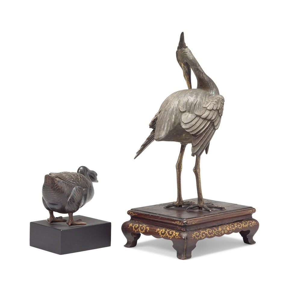 A SILVERED BRONZE EGRET AND A SILVERED BRONZE GOOSE Meiji period (2) - 3