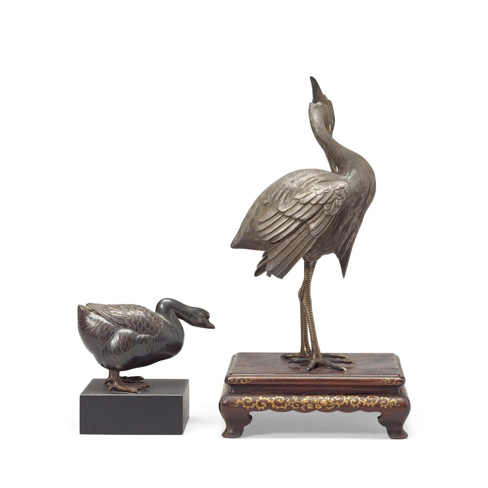 A SILVERED BRONZE EGRET AND A SILVERED BRONZE GOOSE Meiji period (2) - 4