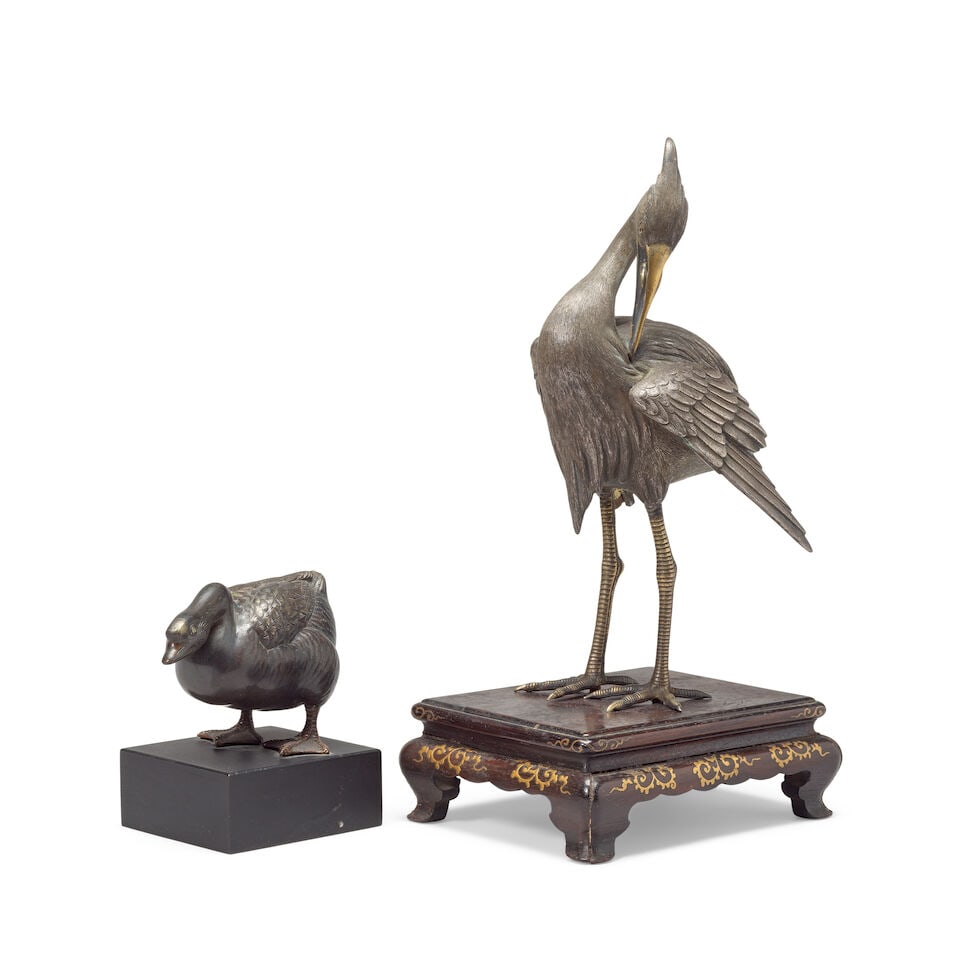A SILVERED BRONZE EGRET AND A SILVERED BRONZE GOOSE Meiji period (2) - 5