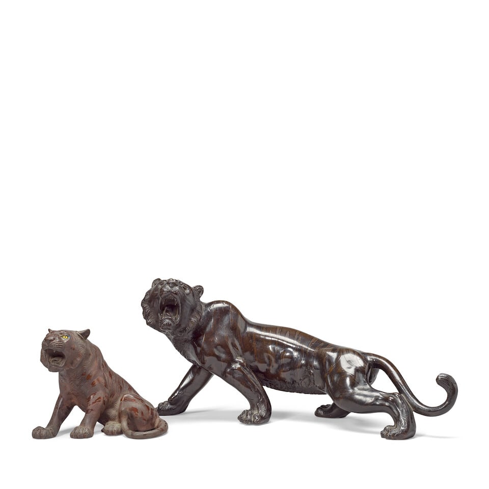 TWO BRONZE 'ELEPHANT AND TIGER' GROUPS AND TWO BRONZE TIGERS Meiji period (6) - 5