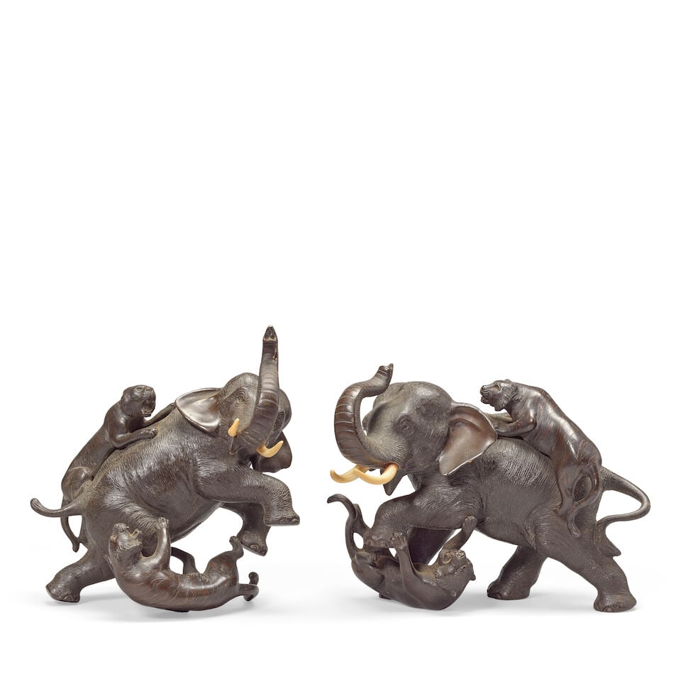 TWO BRONZE 'ELEPHANT AND TIGER' GROUPS AND TWO BRONZE TIGERS Meiji period (6) - 6