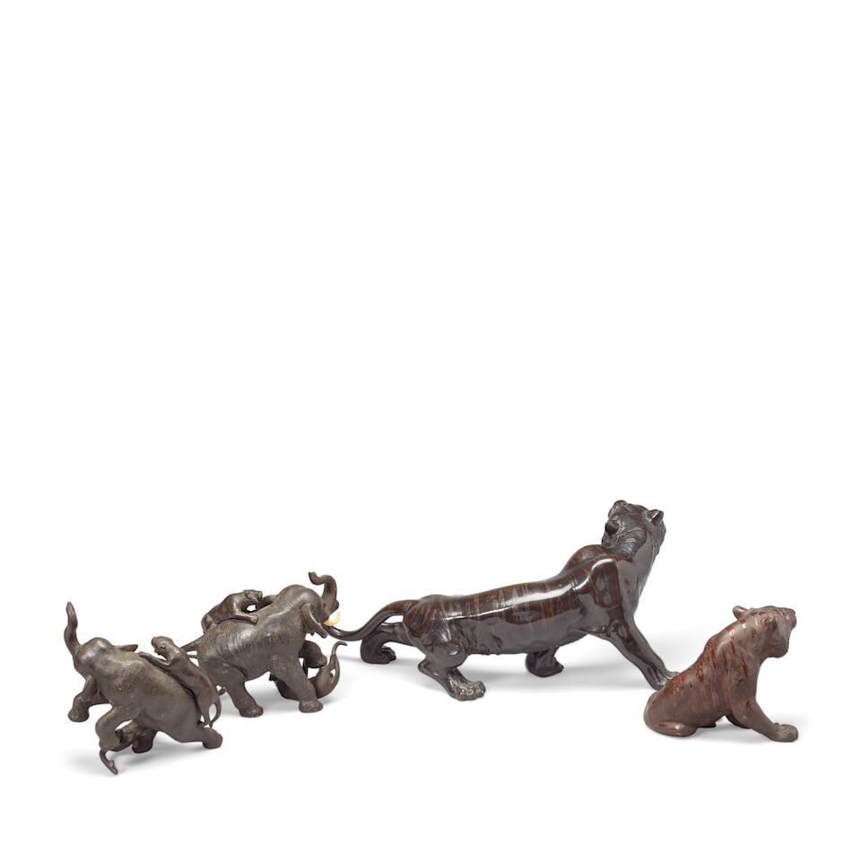TWO BRONZE 'ELEPHANT AND TIGER' GROUPS AND TWO BRONZE TIGERS Meiji period (6) - 7