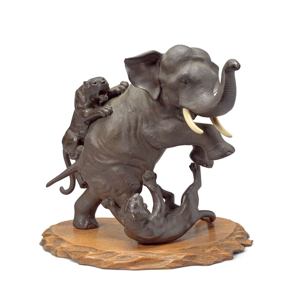 A BRONZE 'ELEPHANT AND TIGER' GROUP Meiji period (2) - 3