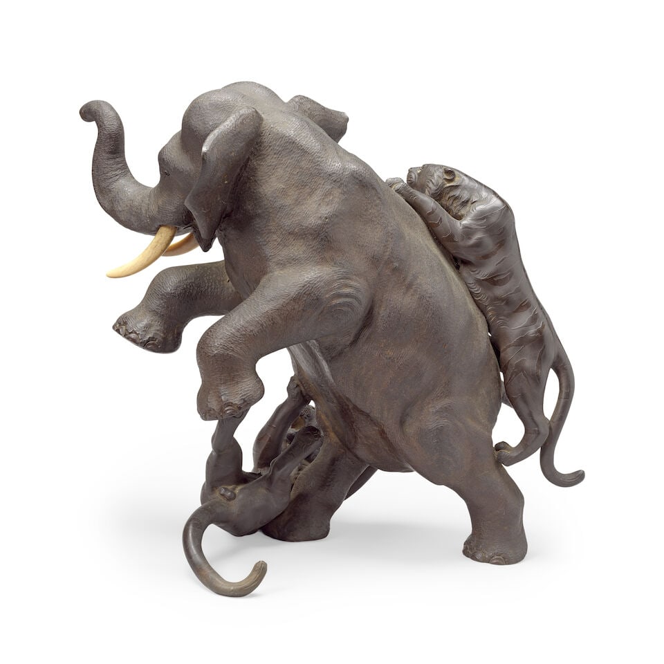 A BRONZE 'ELEPHANT AND TIGER' GROUP Meiji period (2) - 4