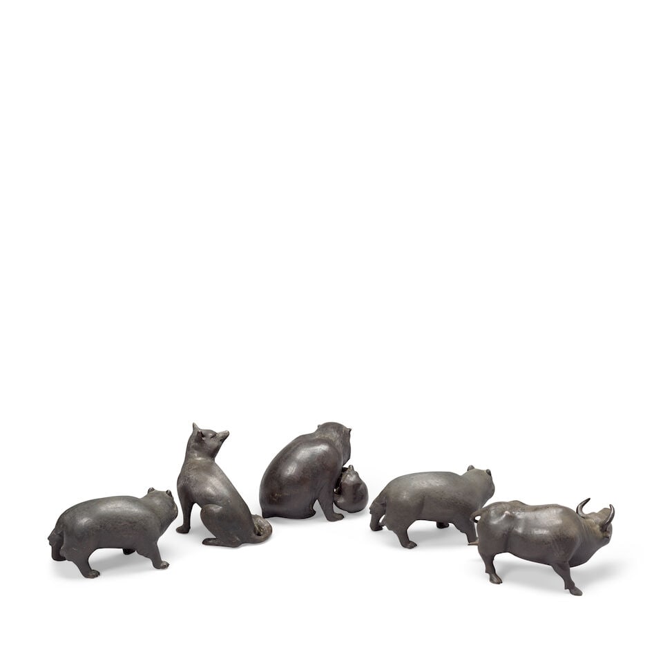 FOUR BRONZE BADGER GROUPS AND A BRONZE BULL Meiji period (5) - 6