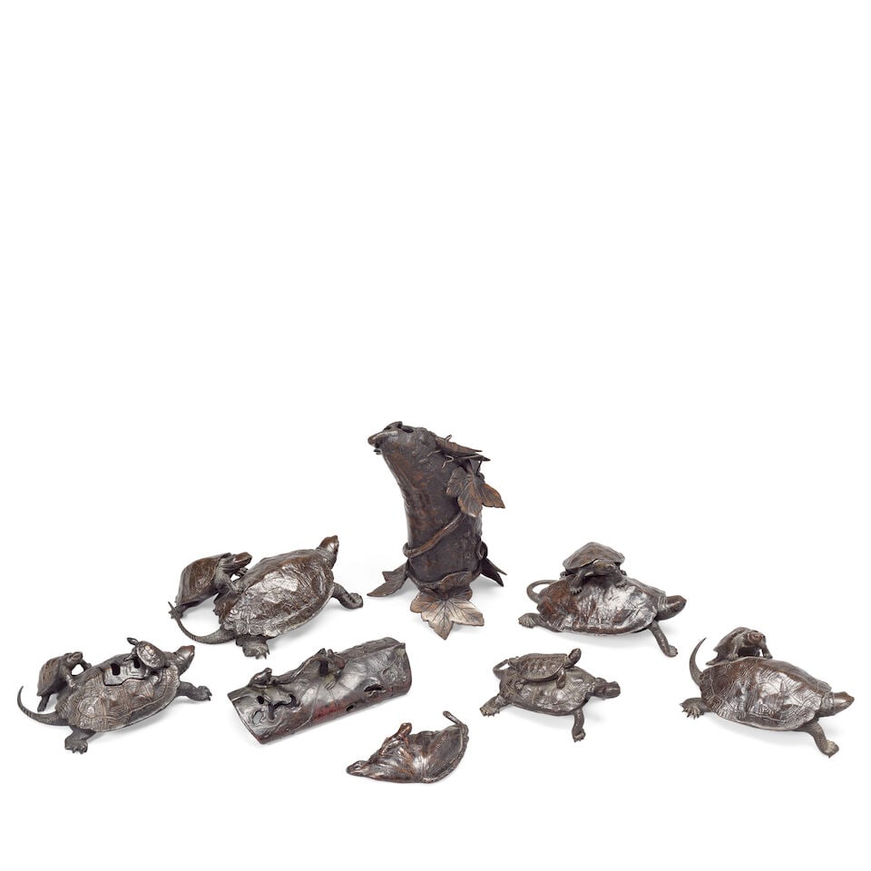 FIVE BRONZE TURTLE GROUPS AND THREE 'LEAF' GROUPS Meiji period (9) - 9