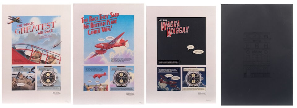 A set of three 'World's Greatest Air Race' limited edition prints to publicise the 2016 launch o...: A set of three 'World's Greatest Air Race' limited edition prints to publicise the 2016 launch of Bremont Chronometers' de Havilland DH-88 Comet limited edition wristwatch, issued by Bremont, comprisi