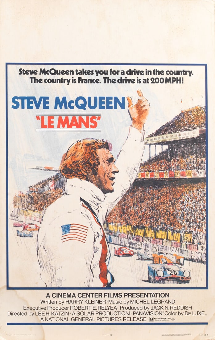 An original 'Steve McQueen - Le Mans' US 22x14 film poster, 1971,: An original 'Steve McQueen - Le Mans' US 22x14 film poster, 1971, scarce size format, for the 1971 film produced by Cinema Center Films, colour lithograph printed in USA on light card, mounted to a fo