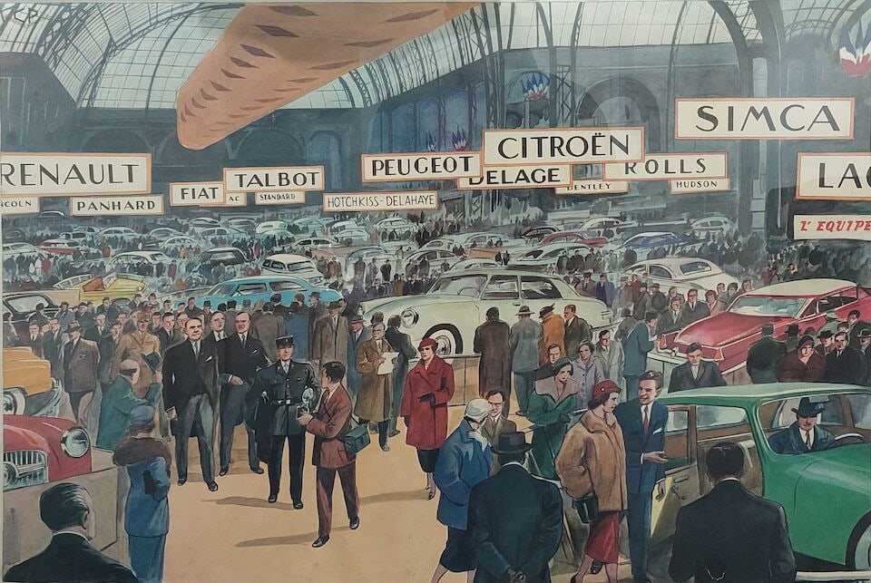 A rare colour illustrated educational poster depicting the French Grand Palais Paris Motor Show,... (1 of 1)