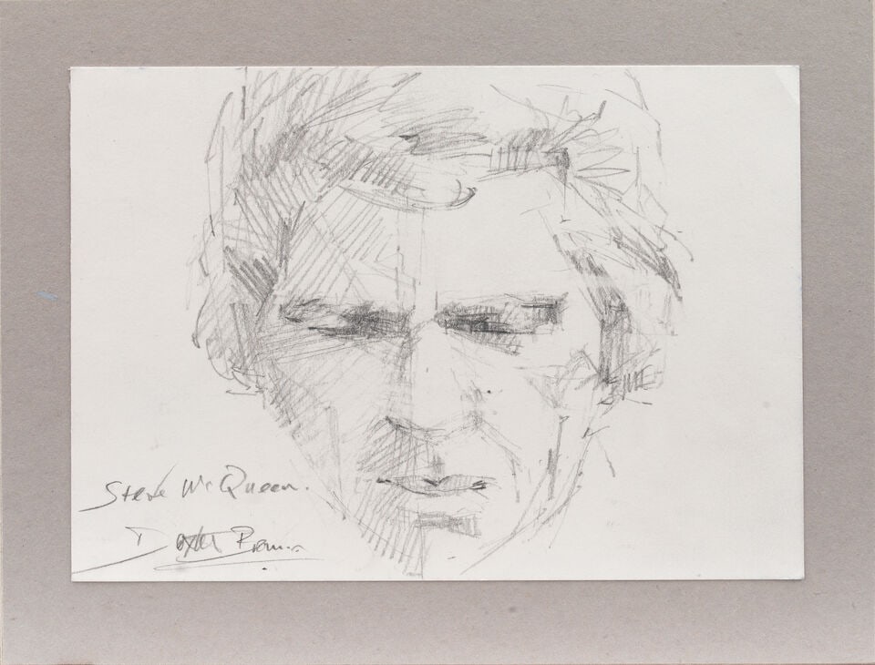 Dexter Brown (British, 1942-), a portrait of Steve McQueen,: Dexter Brown (British, 1942-), a portrait of Steve McQueen, signed lower left with annotated title, pencil on cartridge paper, a sketch portrait of the iconic film actor, 15 x 21cm, pasted on card bac