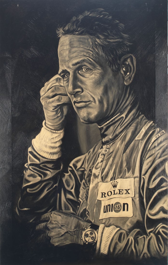 Anon, 'Paul Newman', an original artwork,: Anon, 'Paul Newman', an original artwork, unsigned, acrylic on canvas, depicting the iconic actor in race overalls, 130 x 84cm, unframed. For further information on this lot please visit Bonhams.com F