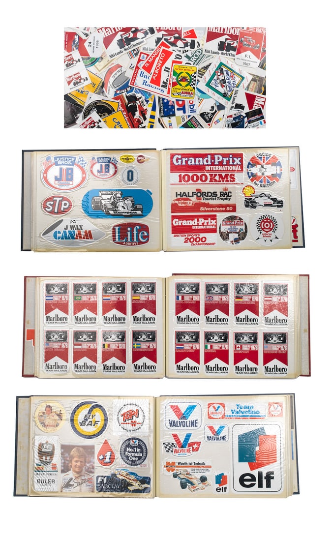 A considerable collection of Formula 1 and motorsport stickers, 1970s-1980s, ((Qty)): A considerable collection of Formula 1 and motorsport stickers, 1970s-1980s, a wide and varied collection of assorted stickers relating to mainly Formula 1 and other motorsport race teams, drivers, ci