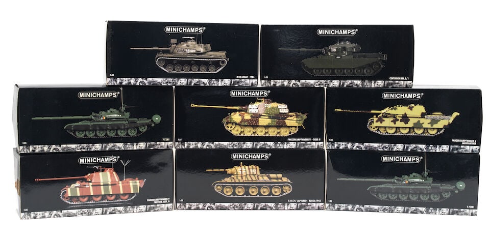 Eight boxed 1:35 scale die-cast models of tanks by Minichamps. ((8)): Eight boxed 1:35 scale die-cast models of tanks by Minichamps. from the Paul's Model Art series, comprising Centurion Mk.5/1; 1984 M48 A2GA2; Russia 1943 'Captured' T34/76; Panzerkampfwagen VI - Tiger