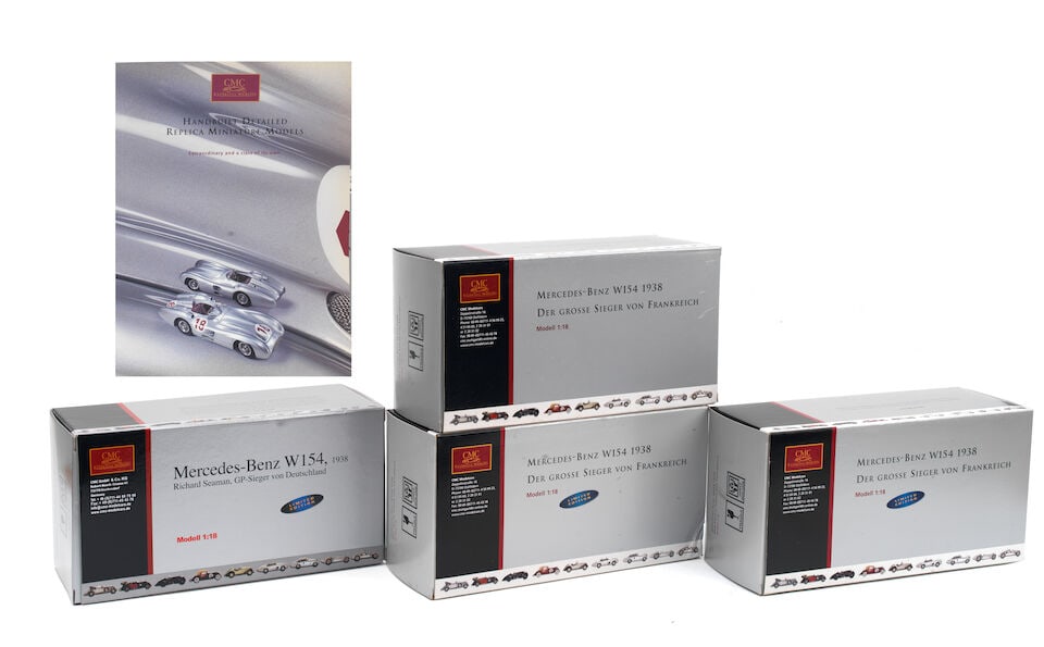 Four boxed 1:18 scale die-cast models of 1938 Mercedes-Benz W-154 Grand Prix cars, by CMC Models...: Four boxed 1:18 scale die-cast models of 1938 Mercedes-Benz W-154 Grand Prix cars, by CMC Models of Germany, four variants, comprising the Richard Seaman 1938 German Grand winning W-154 (M-098); and t