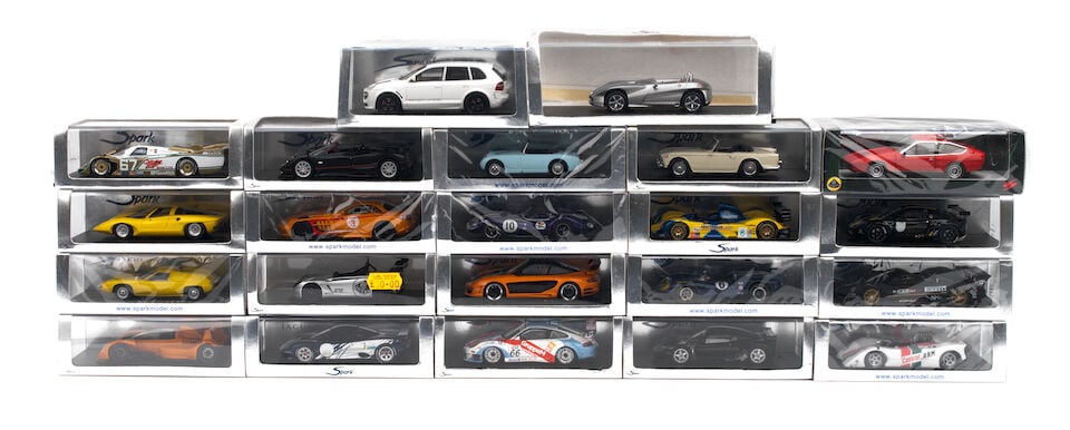Twenty-two boxed 1:43 scale die-cast car models by Spark Models, ((22)): Twenty-two boxed 1:43 scale die-cast car models by Spark Models, of various sports, GT, racing and road cars including Alfa Romeo Tipo 33, Austin Healey Sprite, Porsche 962 and 996, Lola t&0, Pagani Z