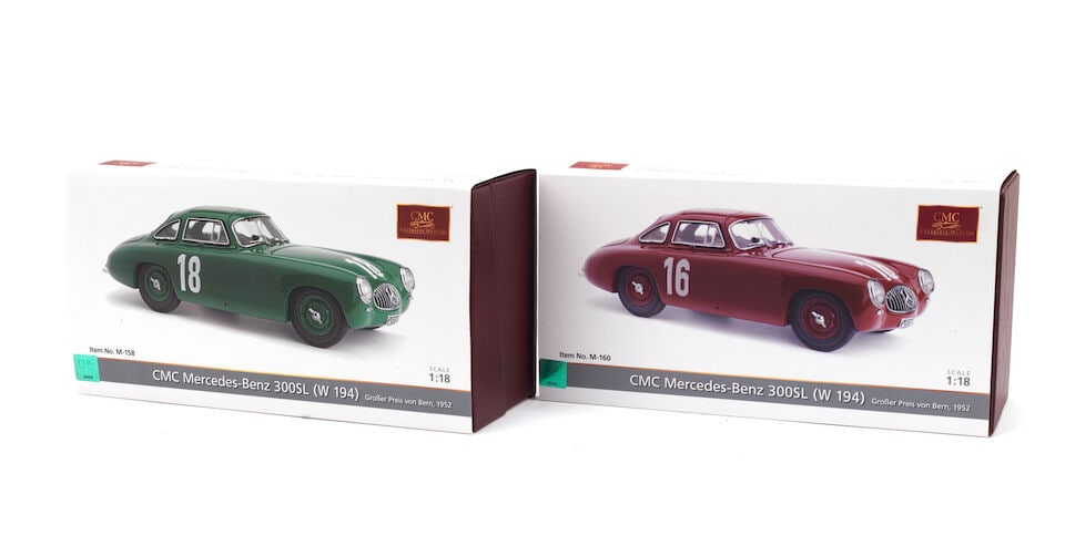 Two boxed 1:18 scale die-cast models of the 1952 Bern Grand Prix Mercedes-Benz 300SL (W 194) spo...: Two boxed 1:18 scale die-cast models of the 1952 Bern Grand Prix Mercedes-Benz 300SL (W 194) sports racing cars, by CMC Models of Germany, hand-built finely detailed models, the first of the Karl Klin