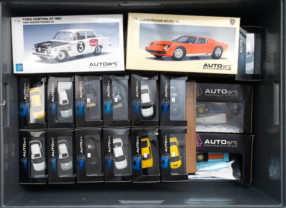 Assorted boxed 1:18 and 1:43 scale models by Autoart, ((21)): Assorted boxed 1:18 and 1:43 scale models by Autoart, eight at 1:18 scale comprising 'Millenium' series Lamborghini Miura SV, and Hughes/Young 1964 East African Rally winning Ford Cortina GT MkI; 'Rac