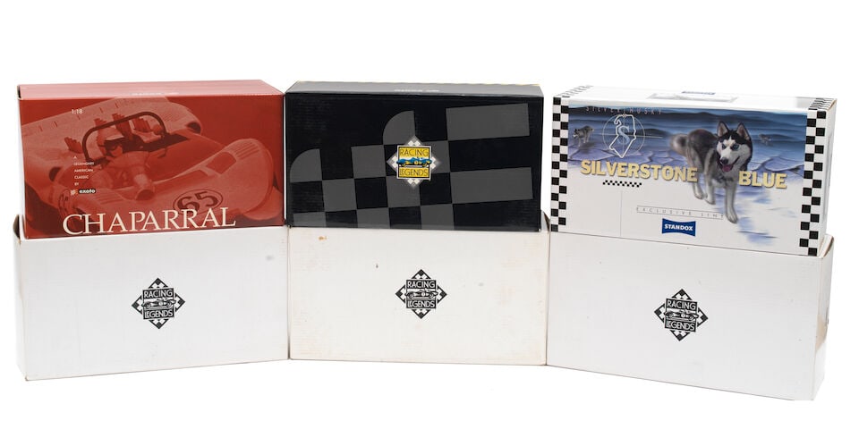 Three boxed 1:18 scale die-cast models of American racing sports cars by Exoto Racing Legends, ...: Three boxed 1:18 scale die-cast models of American racing sports cars by Exoto Racing Legends, comprising Ford GT40 MkIV 'Silverstone Blue' Standox Exclusive Line series; Chaparral 2 sports prototype