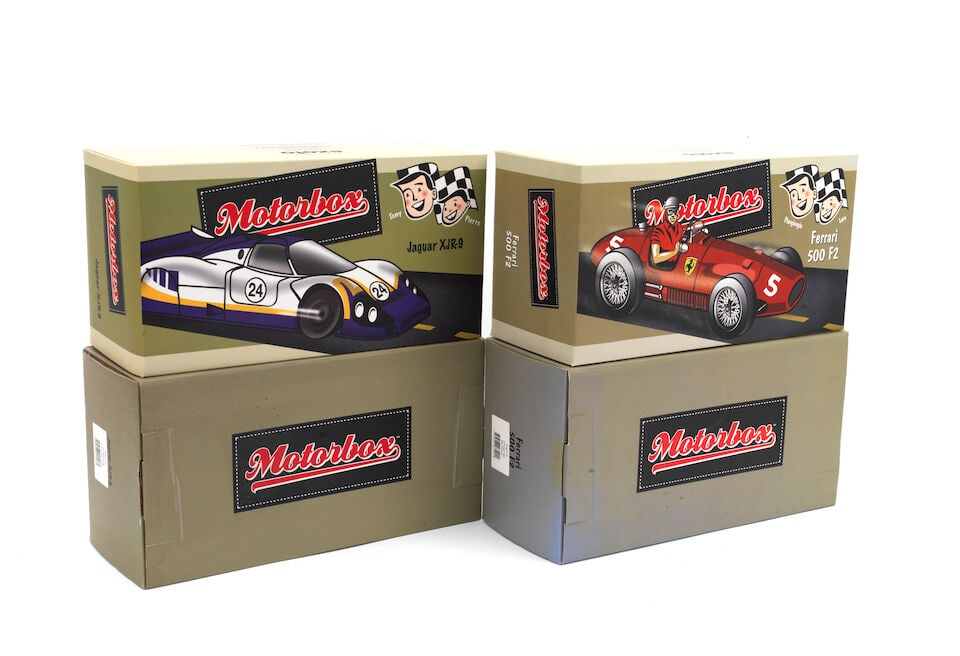 Two boxed 1:18 scale die-cast models of Ferrari 500 F2 and Jaguar XJR-9 by Exoto Motorbox, ((2)) (1 of 1)