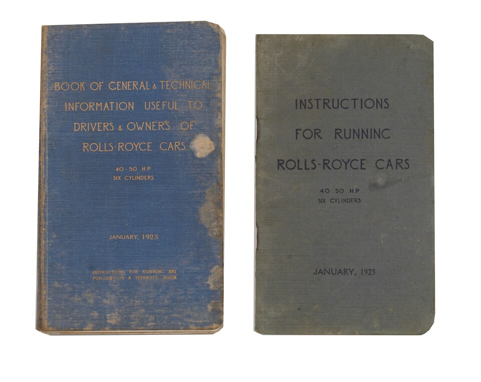 Two instruction books for Rolls-Royce 40-50Hp Six Cylinder cars, dated January 1923, ((2)): Two instruction books for Rolls-Royce 40-50Hp Six Cylinder cars, dated January 1923, both printed by Bemrose & Sons Ltd., the first a 'Book of General & Technical Information Useful to Drivers & Owner