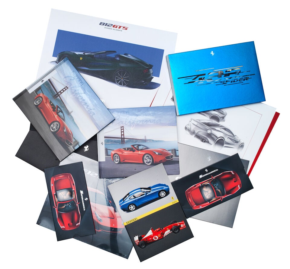 Promotional literature for modern Ferrari cars, ((11)): Promotional literature for modern Ferrari cars, comprising two promotional books for 488 Spider and GTC4 Lusso, both in card slip-cases; one for F12 Berlinetta (sealed); two for Ferrari California; tw