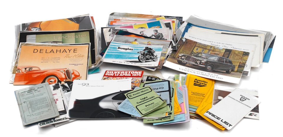 Assorted motoring and motorcycling sales brochures and literature, ((Qty)): Assorted motoring and motorcycling sales brochures and literature, some pre-War including 1938 Delahaye 'Pour l'Elite' 134, 135, 148 L, 165, 148 range brochure (French text), with dealer ink stamps to