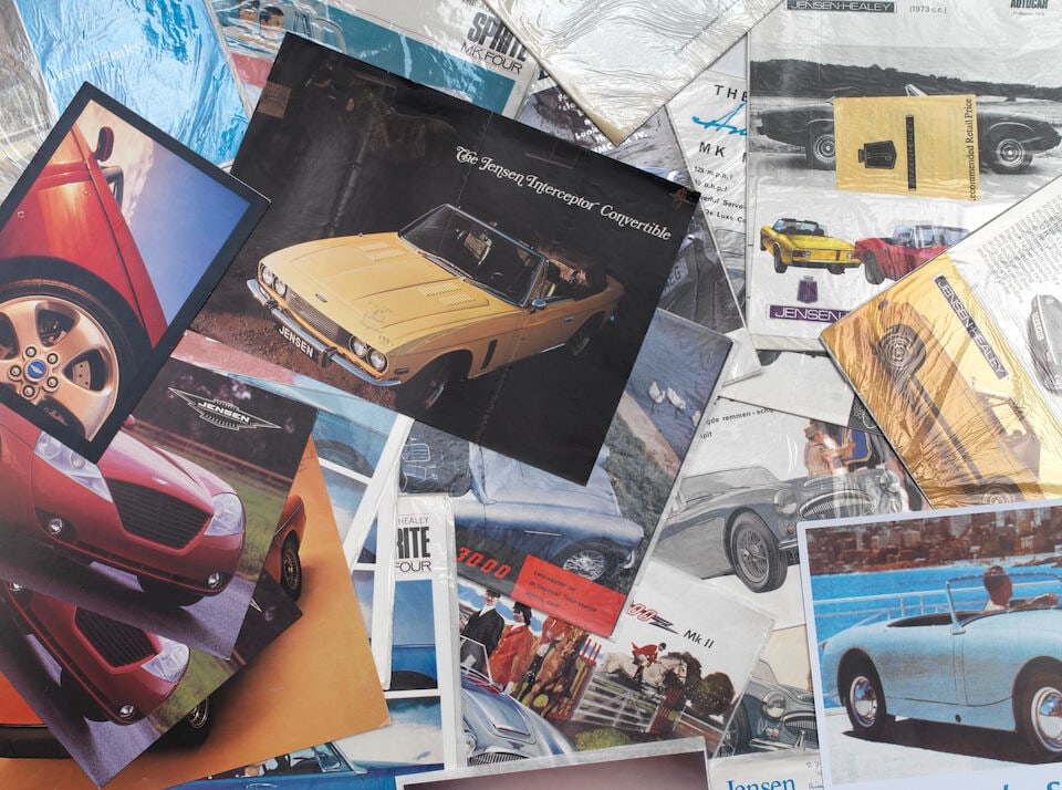 AUSTIN-HEALEY, JENSEN-HEALEY and JENSEN:- Assorted sales brochures and ephemera, ((Qty)): AUSTIN-HEALEY, JENSEN-HEALEY and JENSEN:- Assorted sales brochures and ephemera, including sales brochures for Austin Healey 3000 Mk II 2-seater and occasional 4-seater sports cars, three for 3000 Mk